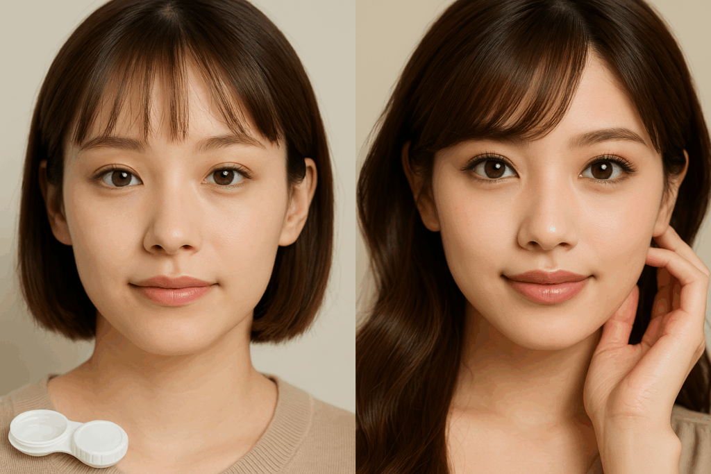 チョコ/ブラウン系カラコンを試している2人の女性