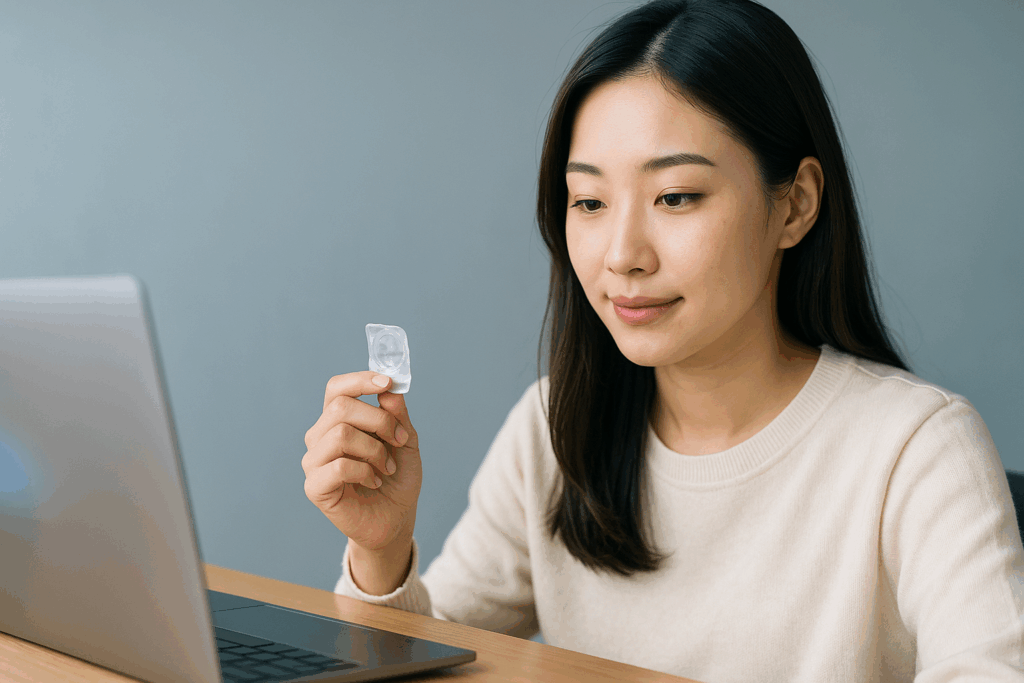 PC作業している女性がコンタクトをつけようとしている