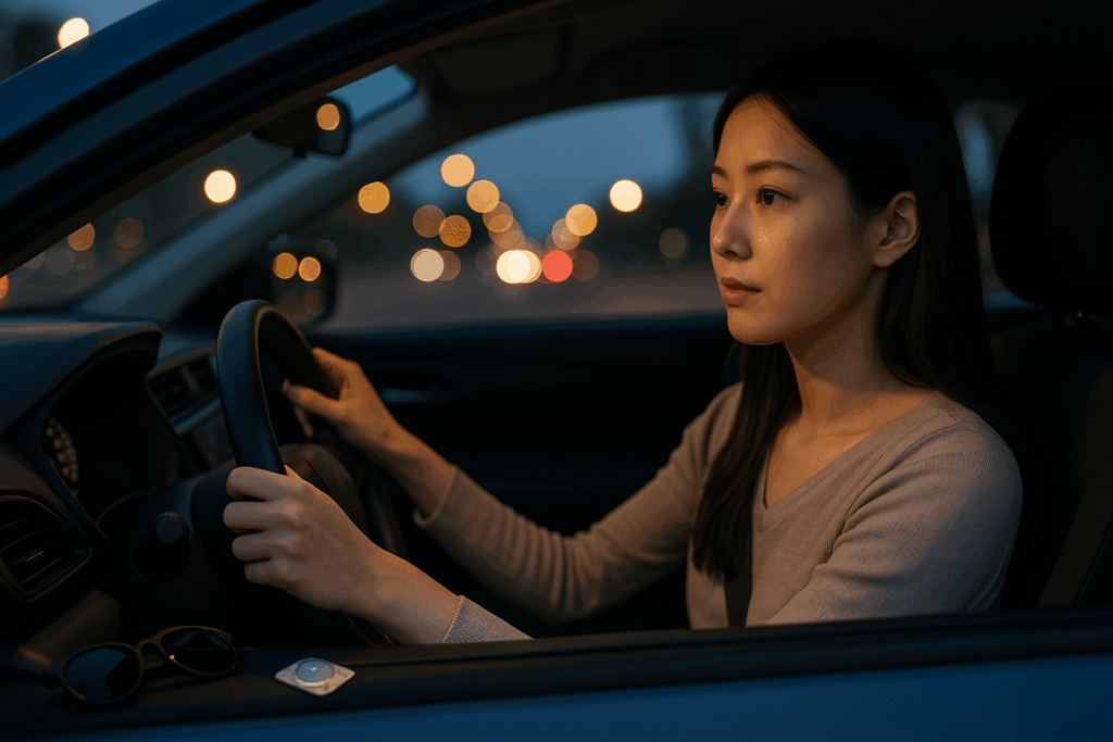 夜間に運転するためにカラコンをつけている女性