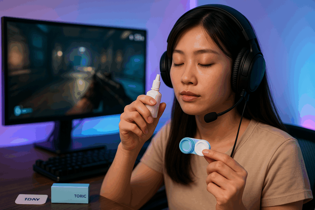 ゲーマー向けコンタクトレンズをつけている女性