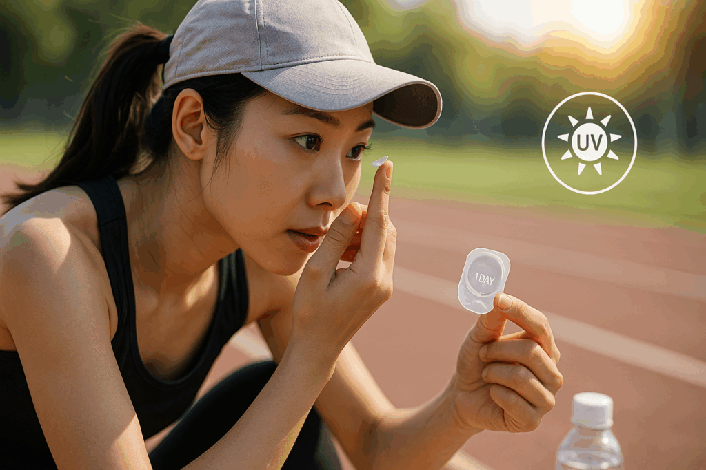 スポーツでズレにくいカラコンをつけている女性