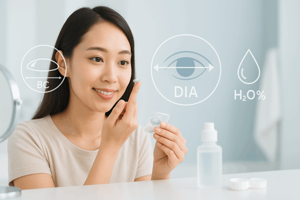 BC・DIA・含水率の違いを確認しながらコンタクトを選んでいる女性