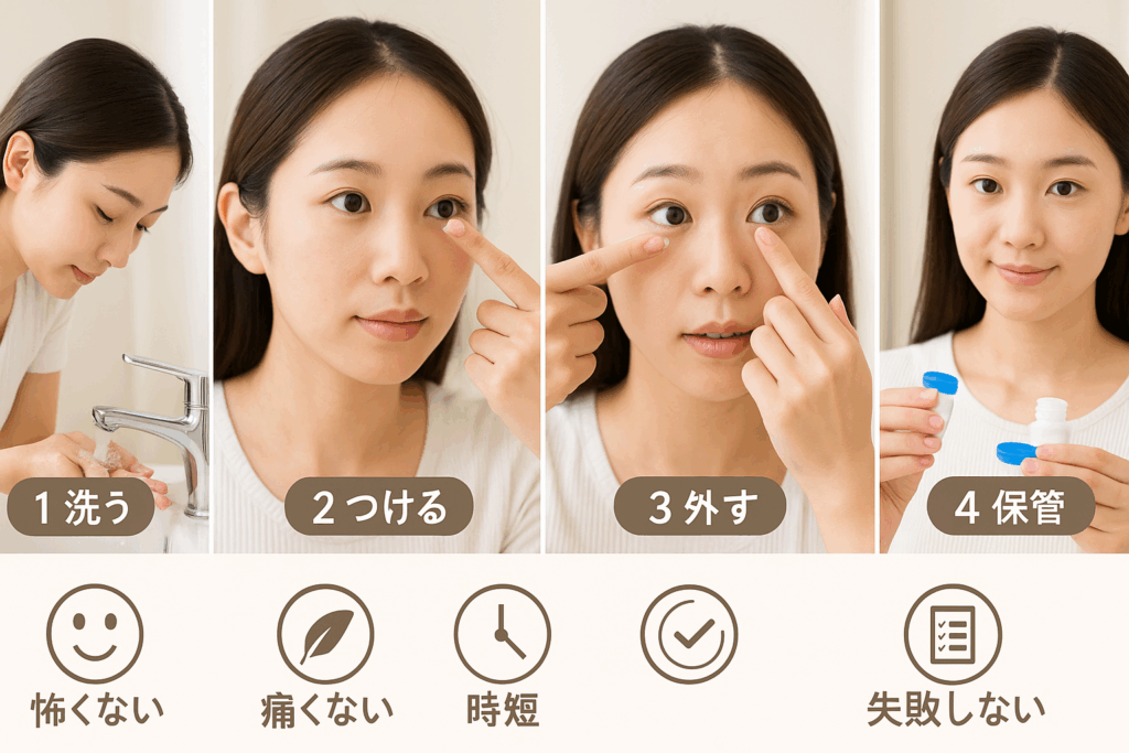コンタクトの付け外しのコツを練習している女性