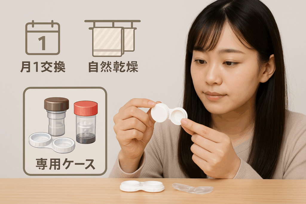 コンタクトレンズケースの交換頻度を調べている女性