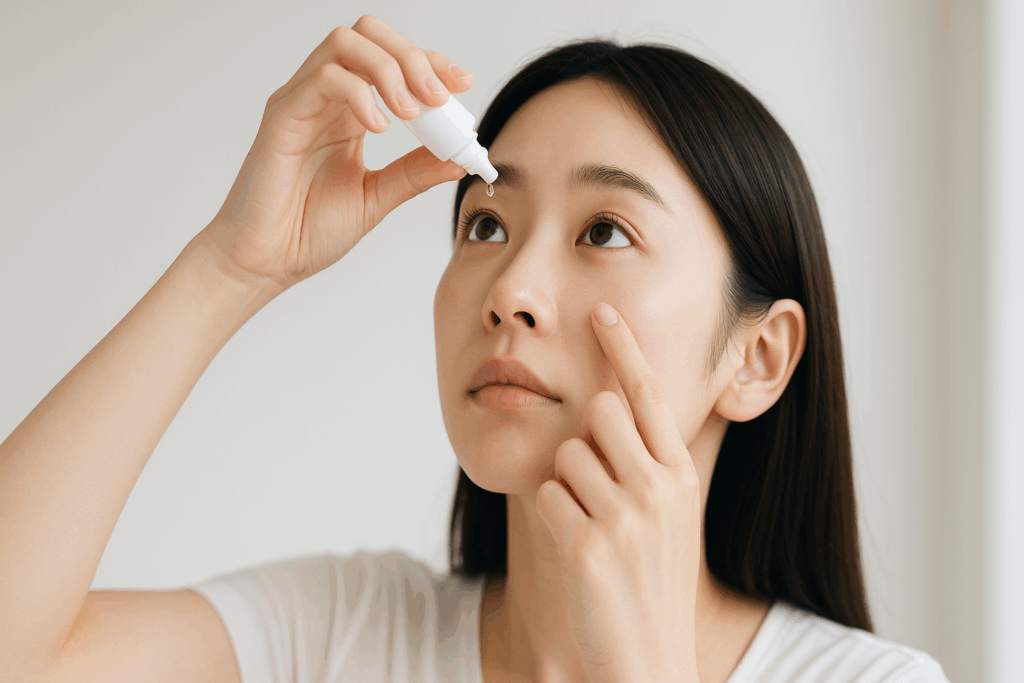 目の中でレンズを紛失したか、対処している女性