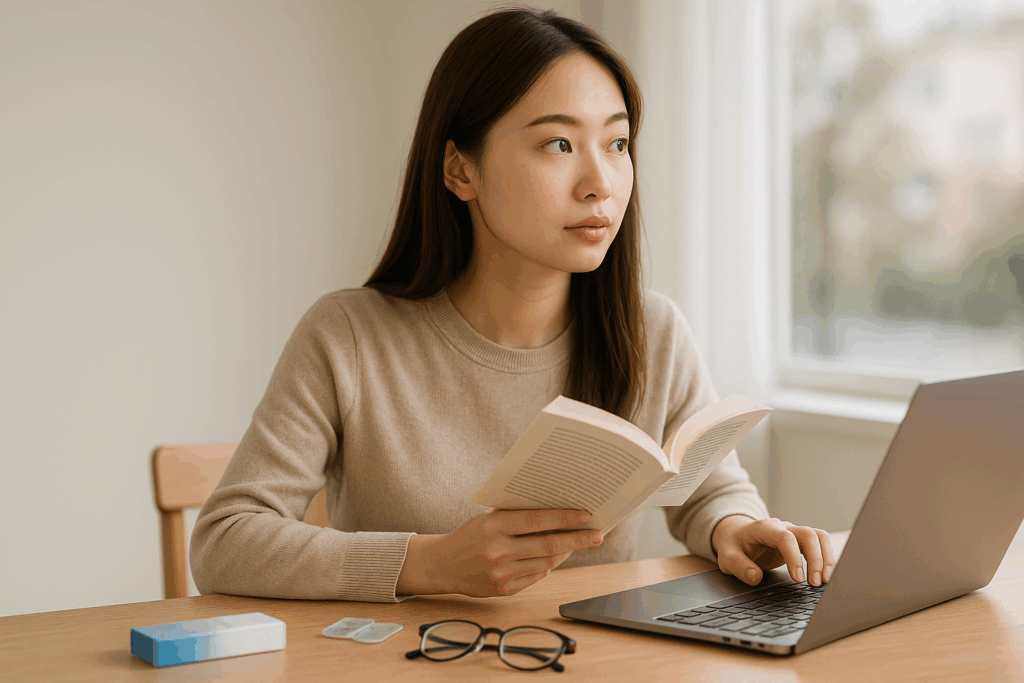 遠近両用1dayカラコンをつけて読書をしている女性