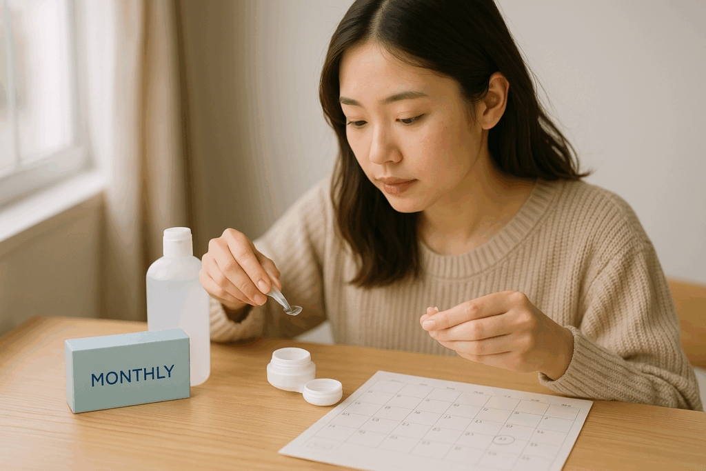 遠近両用マンスリーカラコンを比較している女性