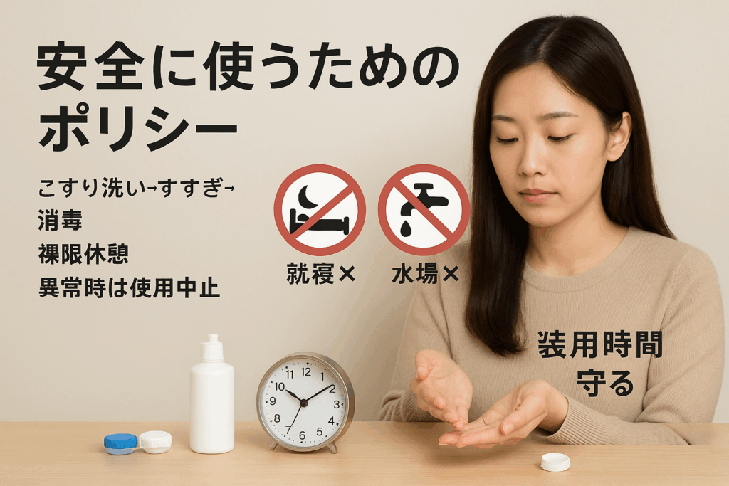 コンタクトを安全に使用するために調べている女性
