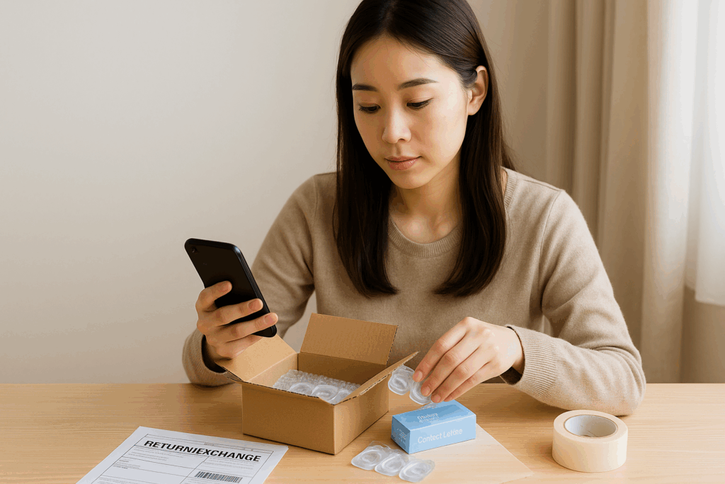 アットレンズ返品・交換方法を調べている女性