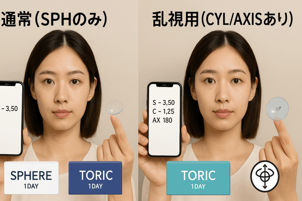 乱視用と通常レンズを比べている女性