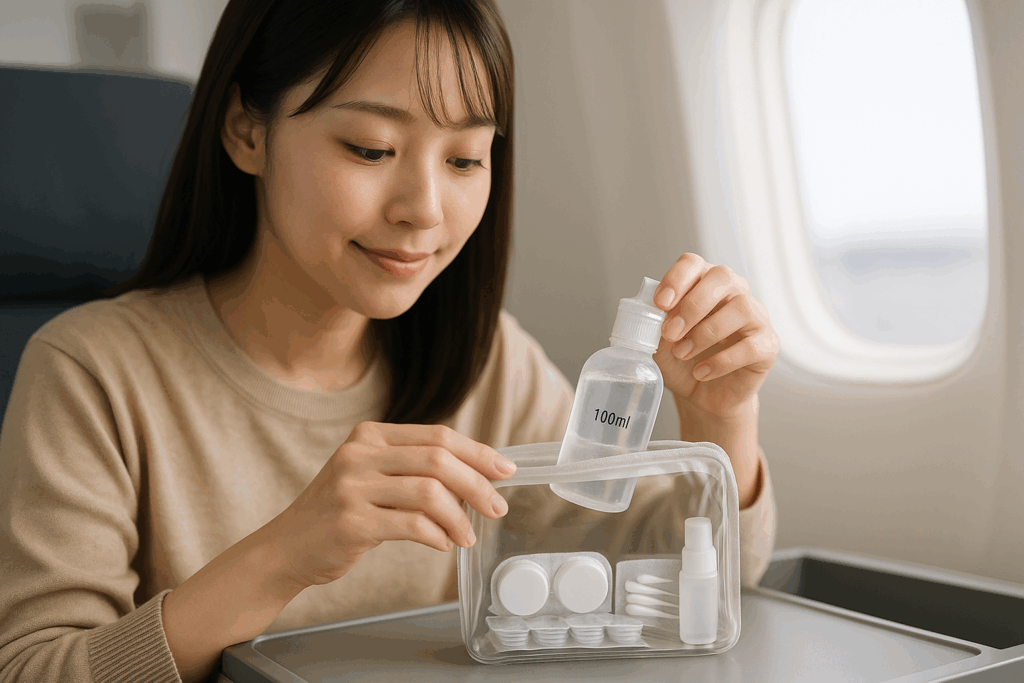 旅行向け小型ケアカラコングッズを飛行機に持ち込んでいる女性