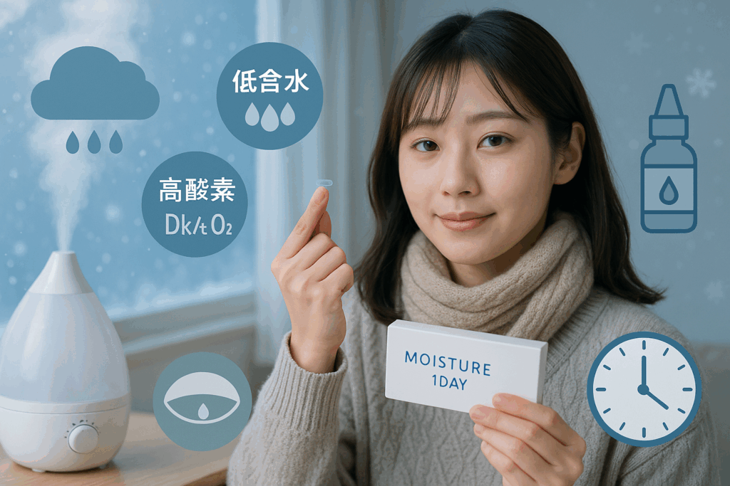 冬の乾燥対策カラコンを使用している女性