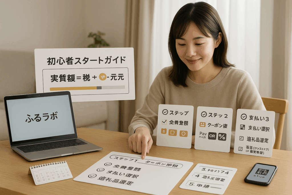 ふるラボ|初心者スタートガイドを見ながら購入している女性