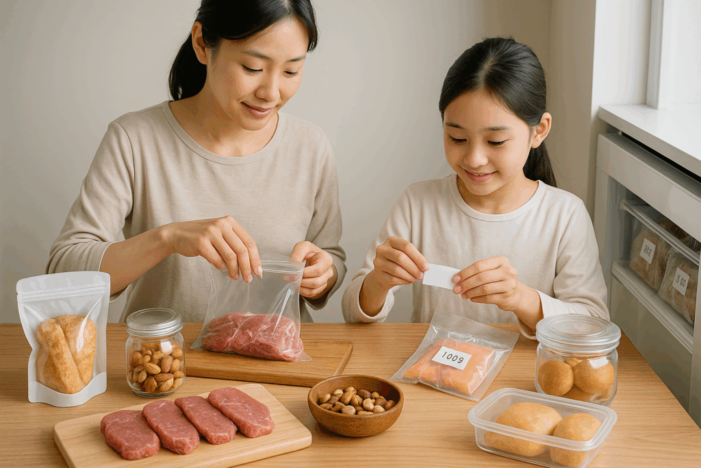 ふるラボ|小分け食品を分類している親子