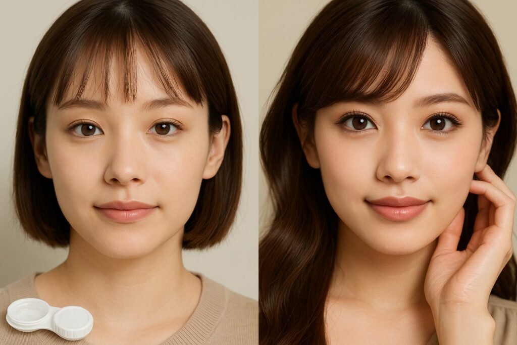 チョコ/ブラウン系カラコンを試している2人の女性