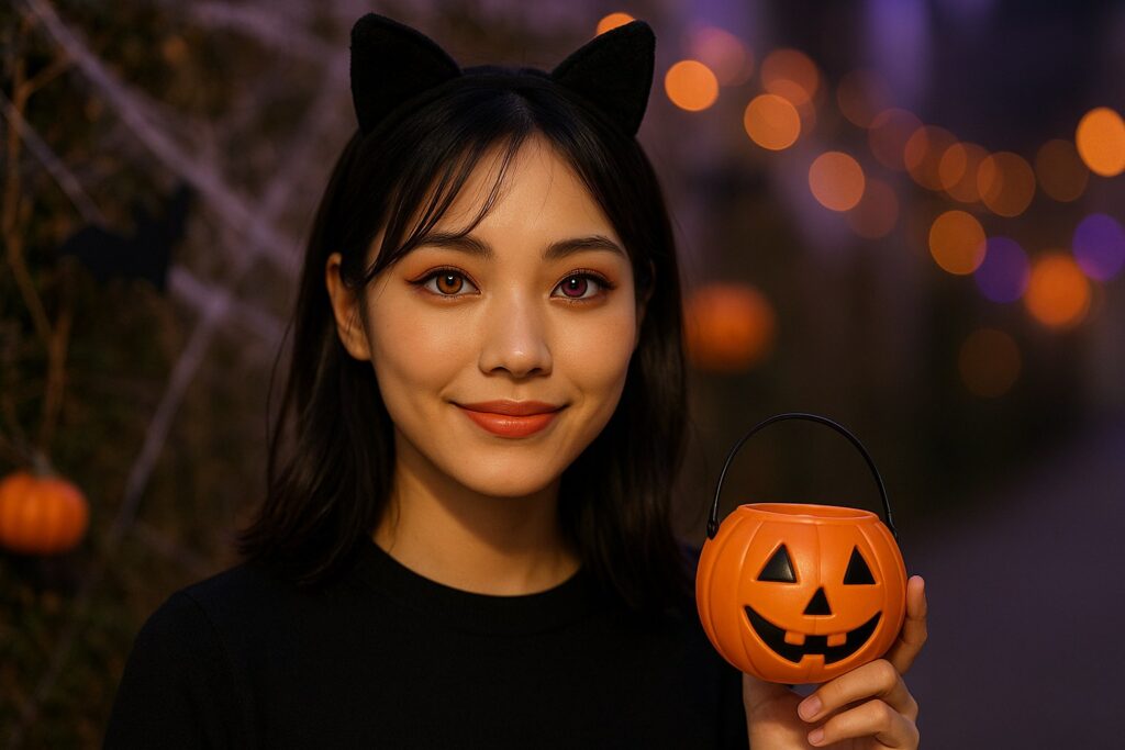 ハロウィン向けカラコンをつけている女性
