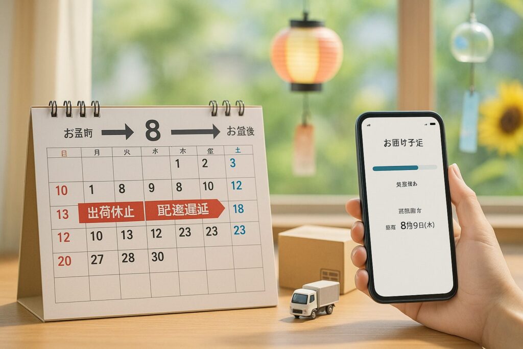 お盆休み前後の出荷を確認してレンズを購入している女性