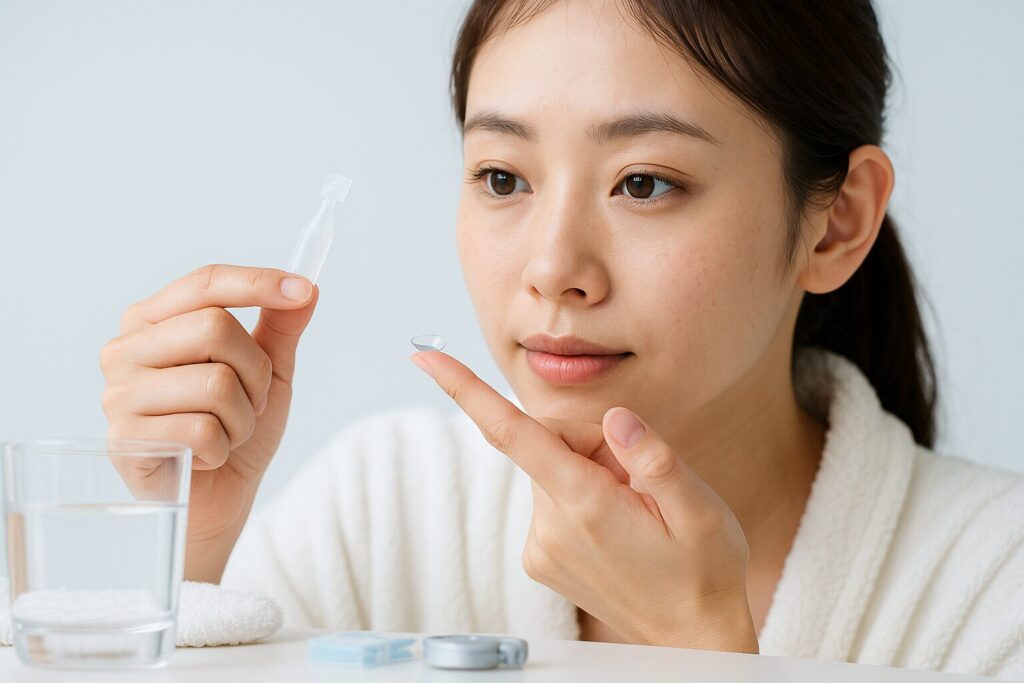 カラコンを試している女性