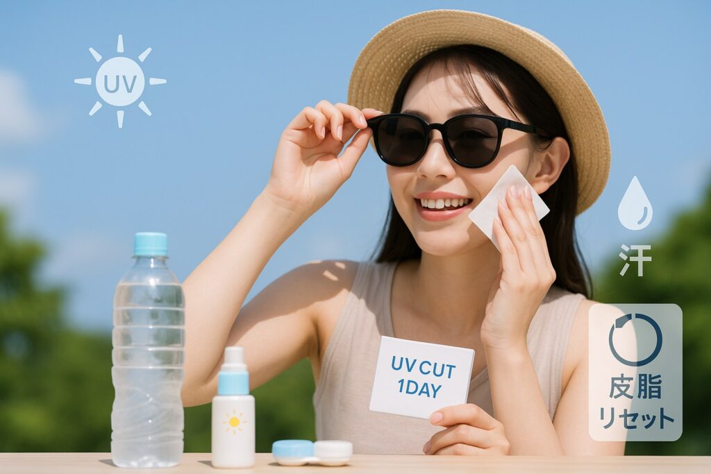 UVカット1day＋サングラスをつけている女性