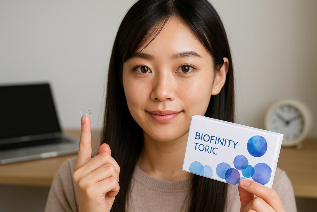 バイオフィニティのカラコンを試している女性