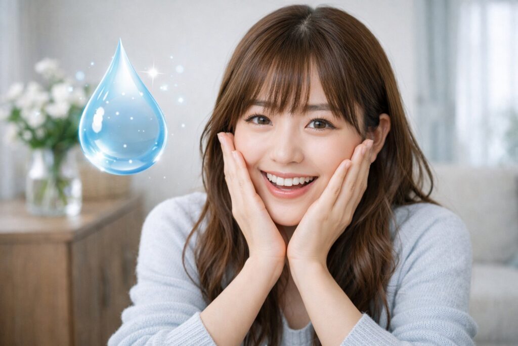 うるおいのカラコンをつけて喜んでいる女性