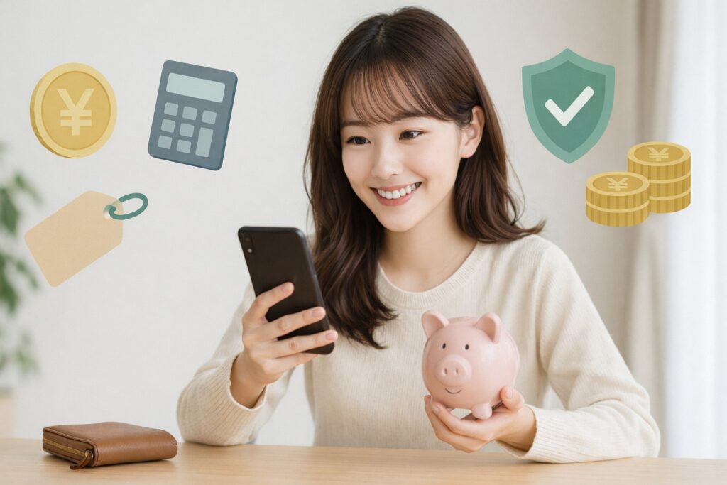 スマホでカラコンの料金を調べている女性・電卓