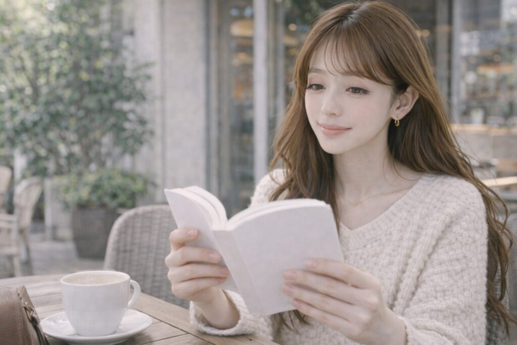 カフェテラスで本を読む女性