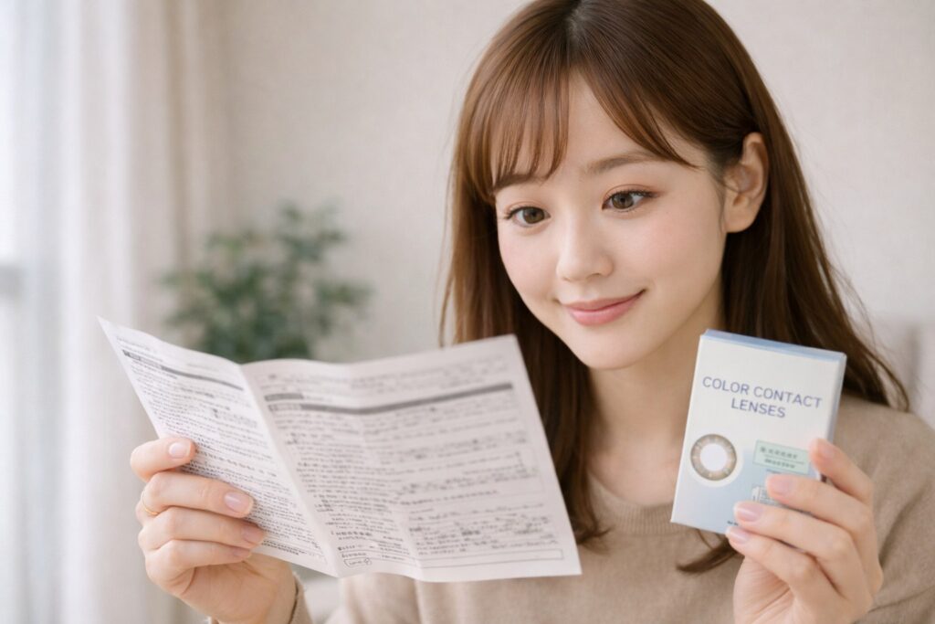 カラーコンタクトの説明書を読む女性