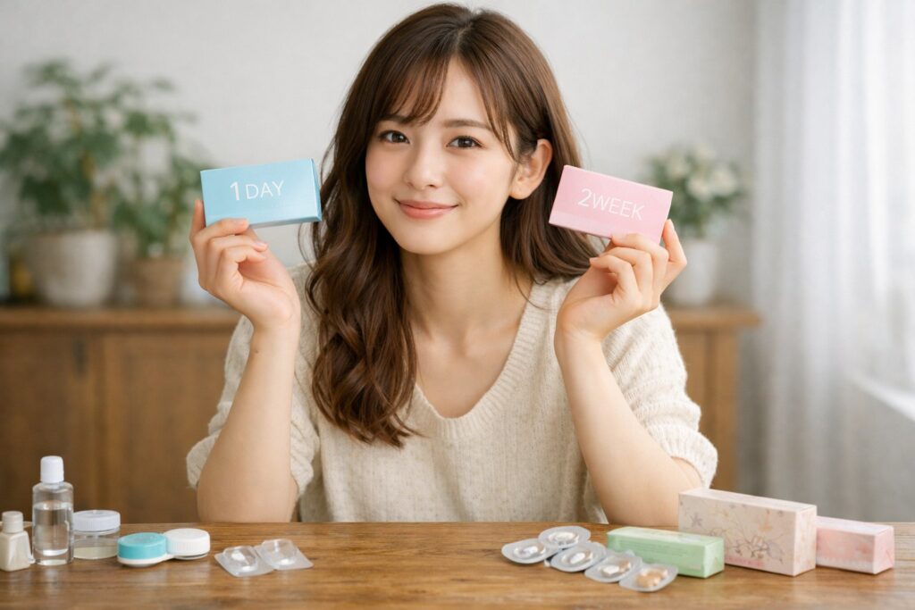 1dayと2weekコンタクトを手にしている女性