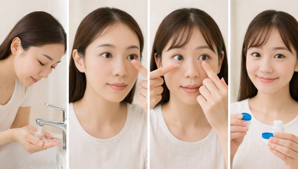 コンタクトレンズを付け外している女性