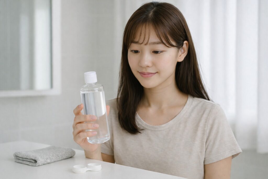 コンタクトレンズの手入れをしている女性