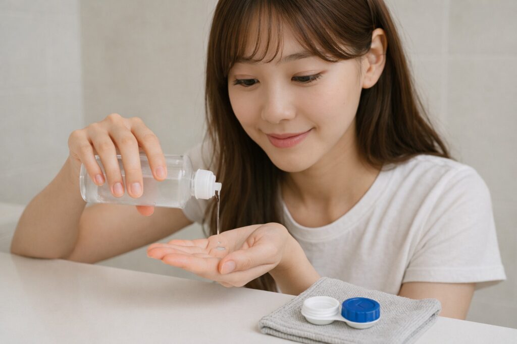 コンタクトレンズの手入れをしている