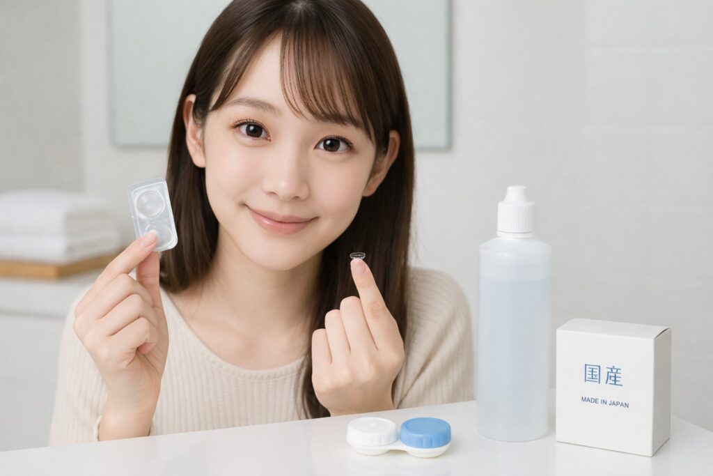 国産のコンタクトケースとコンタクトをもっている女性
