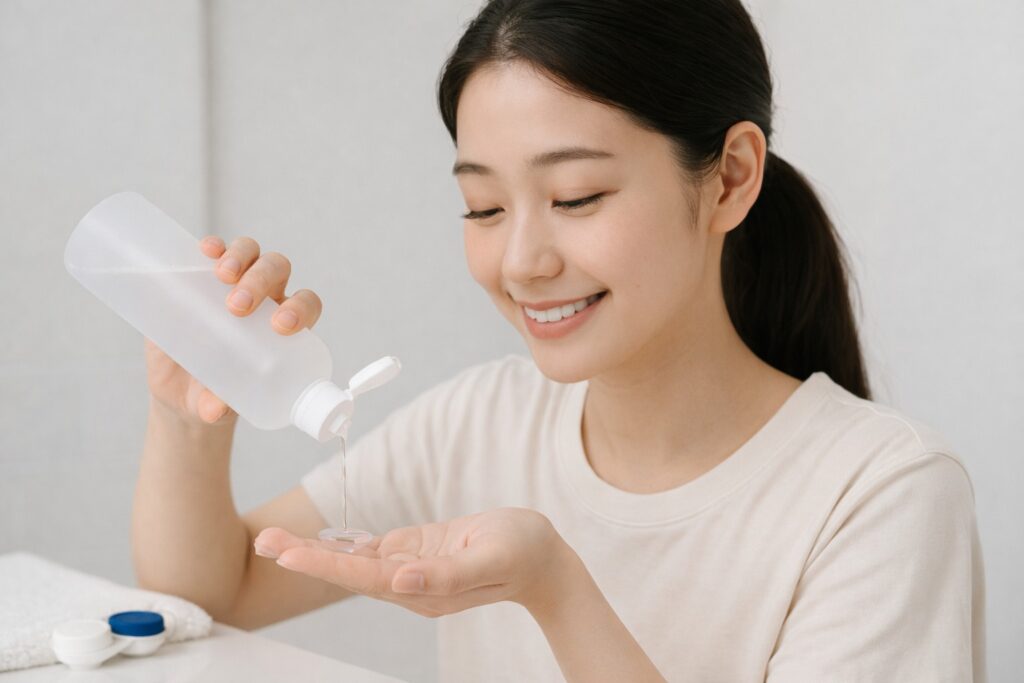 コンタクトレンズを専用の洗浄液で洗っている女性