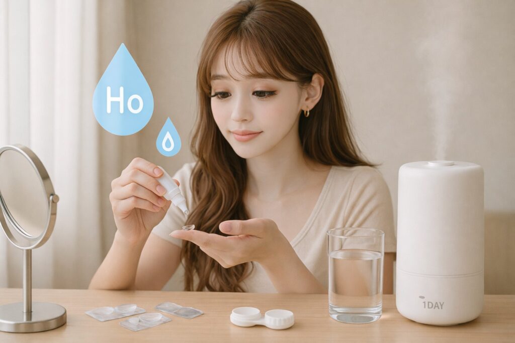 コンタクトレンズを準備する女性