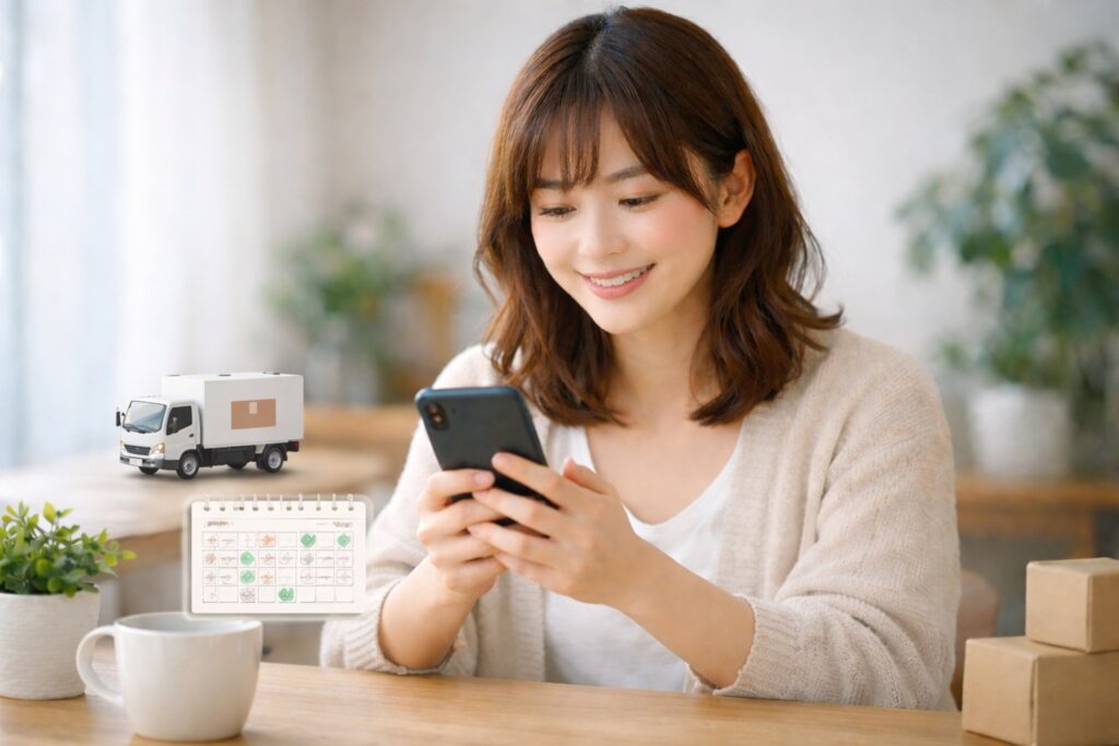 スマホで配送を確認する女性