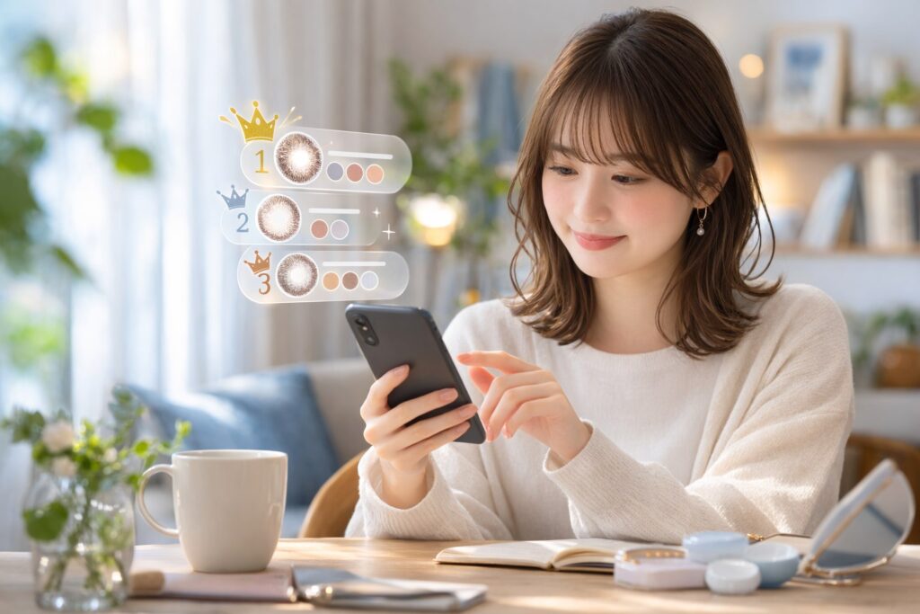 スマートフォンでカラコンのランク確認する女性