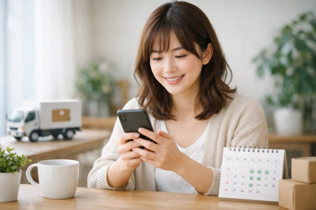 スマートフォンを操作する女性とカレンダーと配送トラック