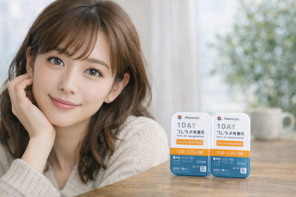 乱視用1dayカラコンをつけている女性