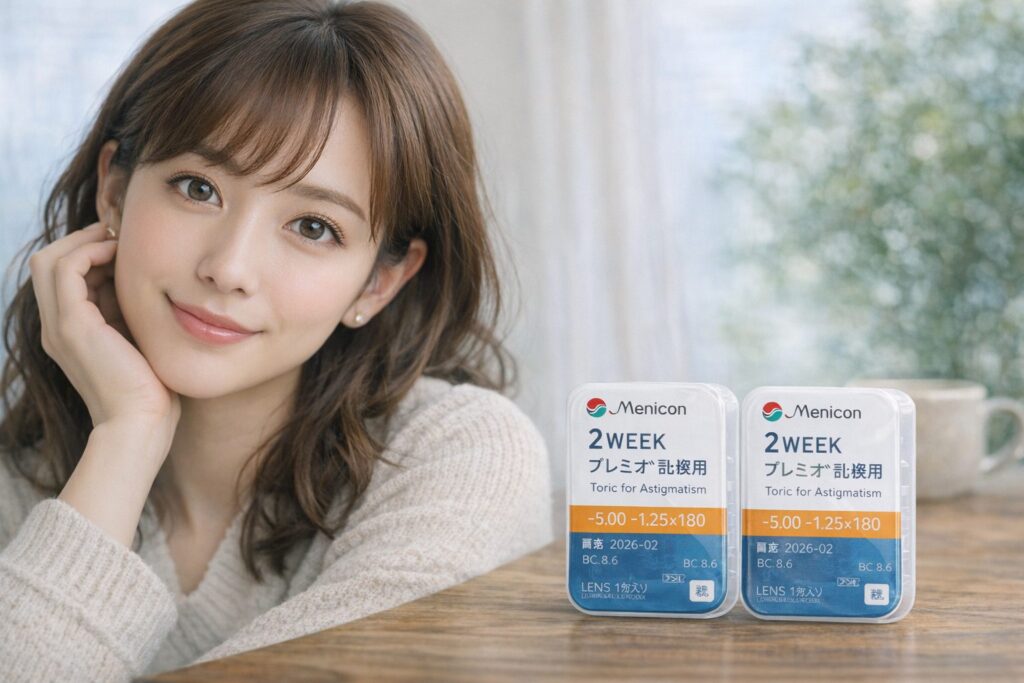 乱視用2weekケースとカラコンをつけている女性