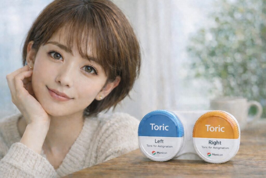 乱視用コンタクトとカラコンをつけている女性