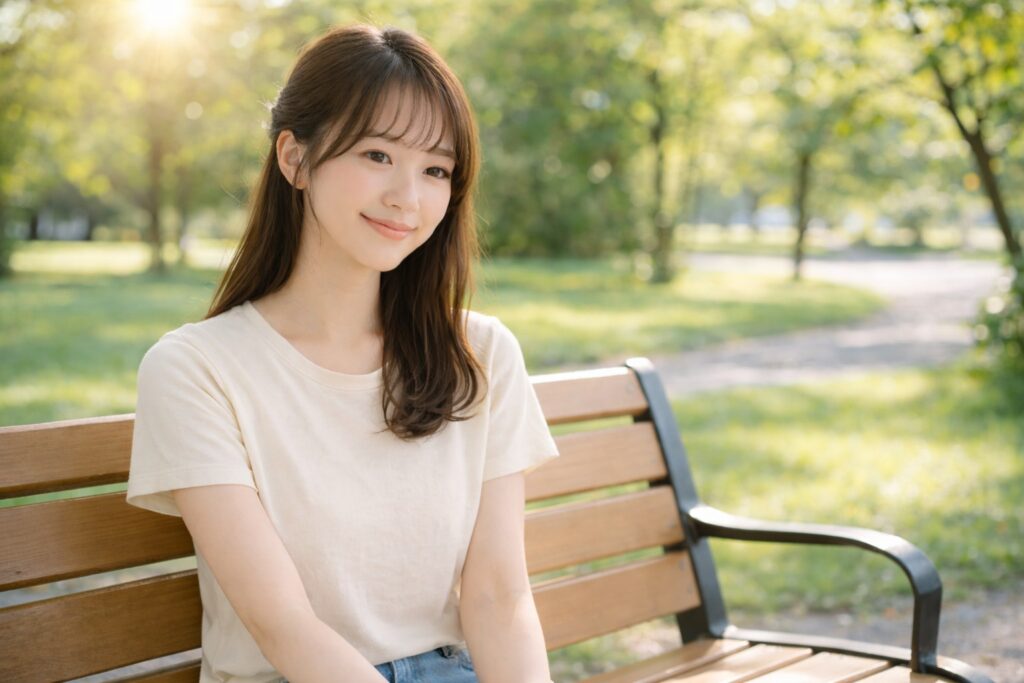 公園のベンチで微笑む女性