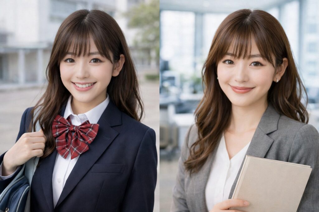 制服とオフィスのカラコン対比