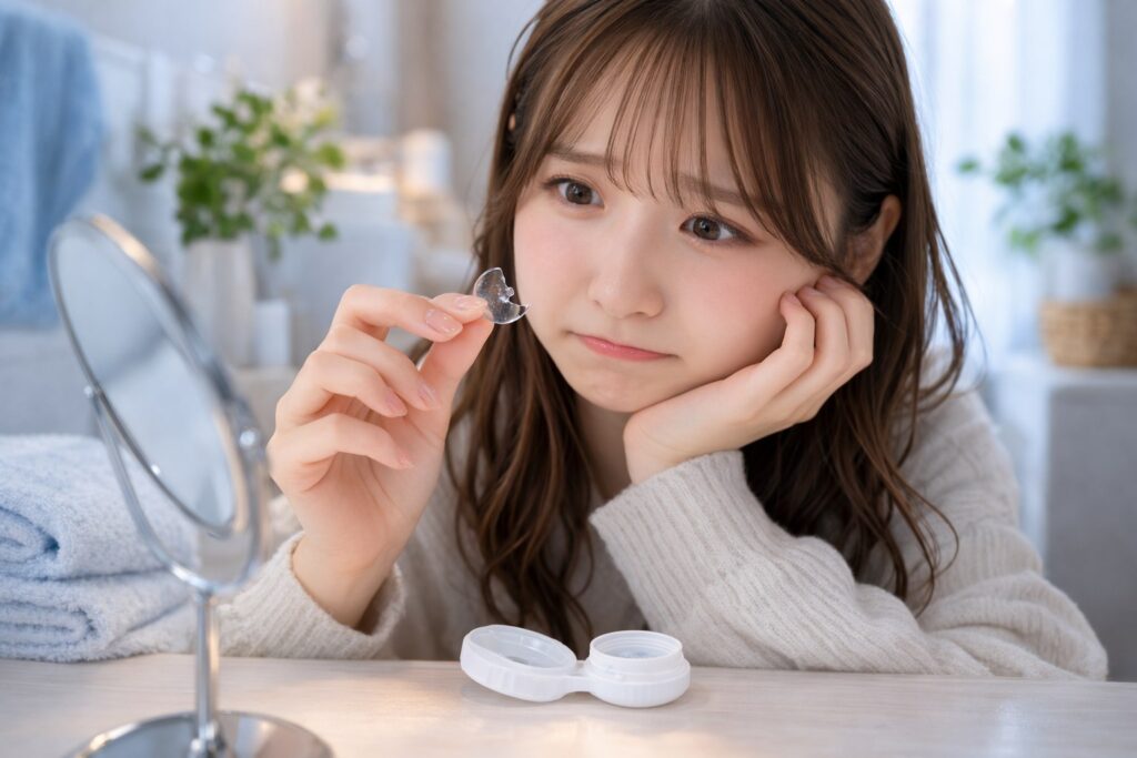 割れたコンタクトレンズと驚きの表情