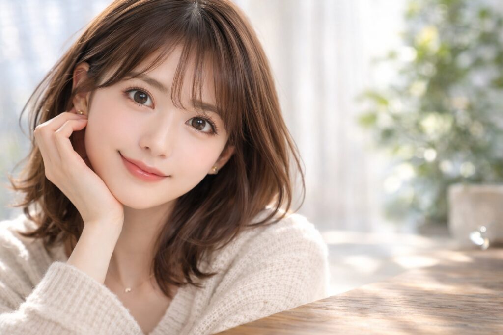 大きめ直径でしっかり盛れるカラコンをつけいている女性