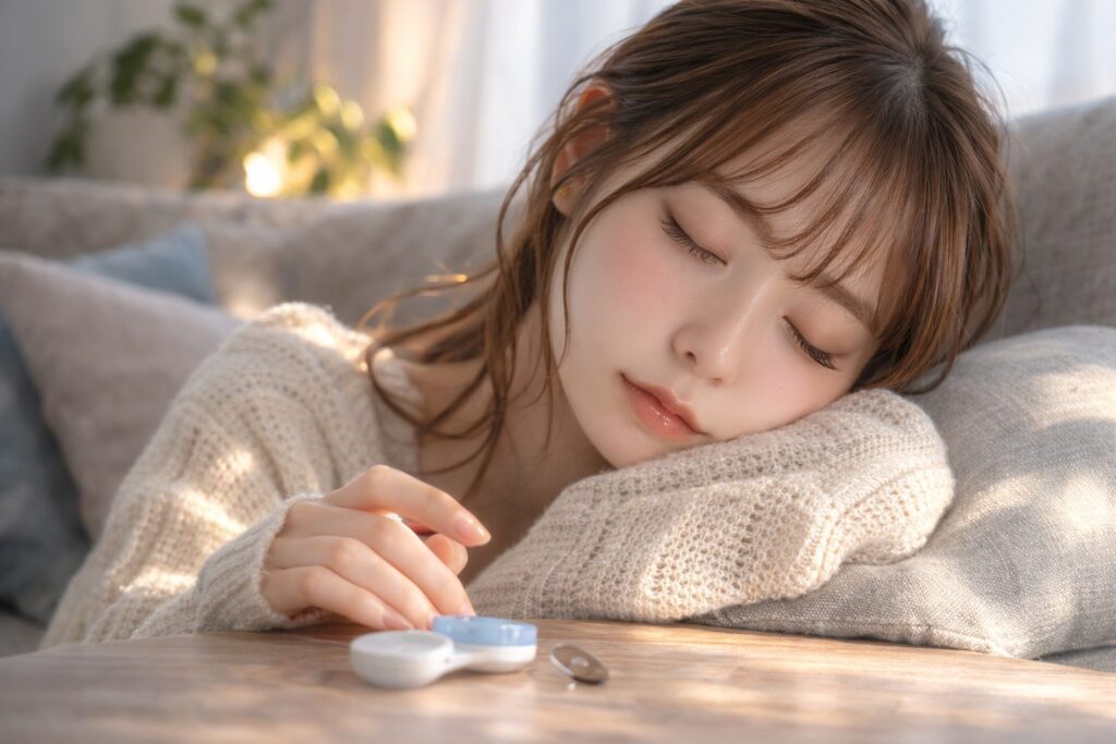 寝落ちしている女性とカラコン