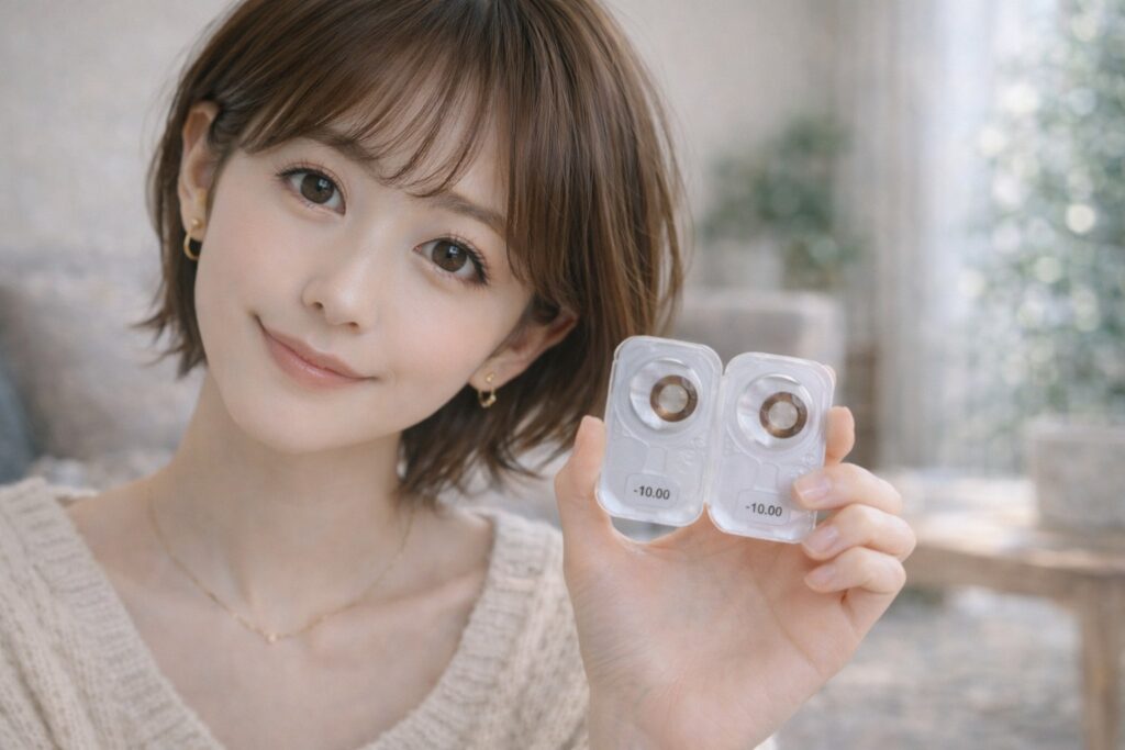 度数-10.00のカラコンを手にしているかわいい女性
