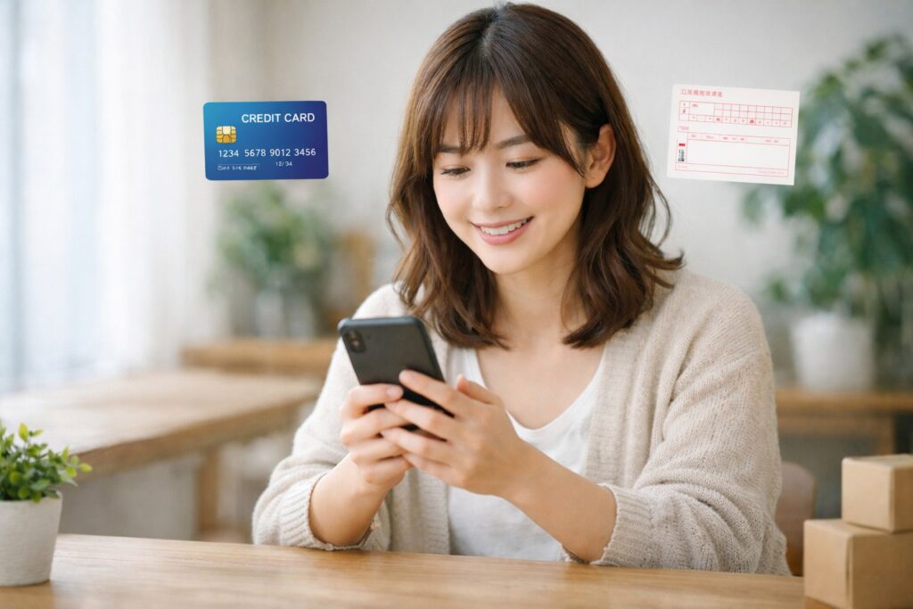 支払い方法を検討する女性とクレジットカードと振込用紙