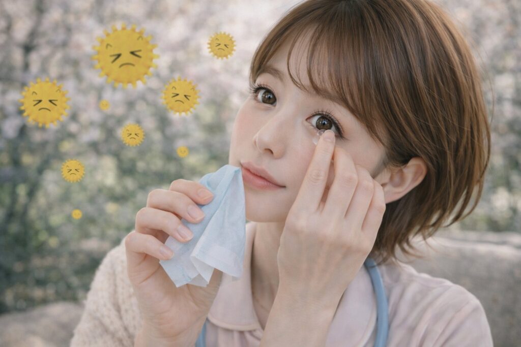 花粉症の女性がカラコンをつけている