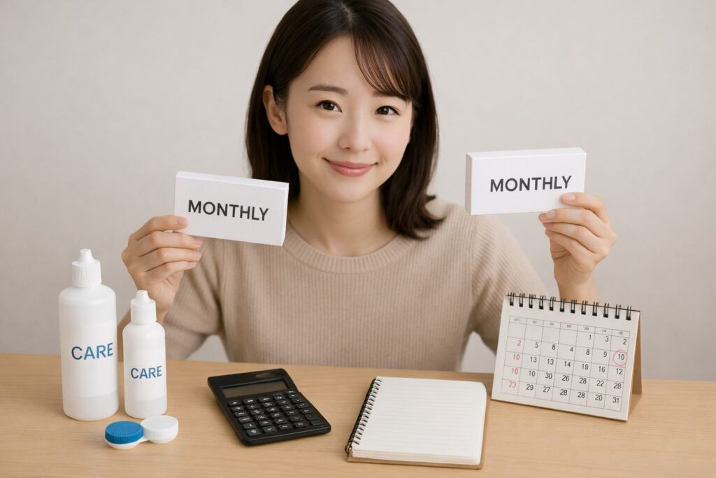 マンスリーのコスパを電卓で計算している女性